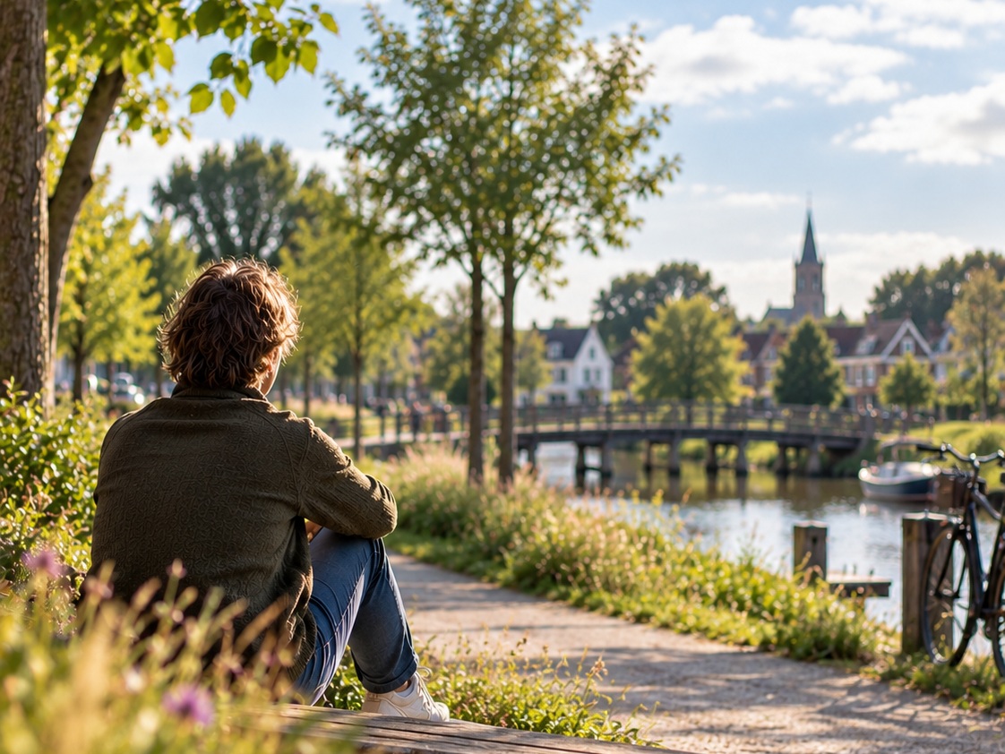 Iemand zit op een bankje langs het water en kijkt uit over een dorp.
